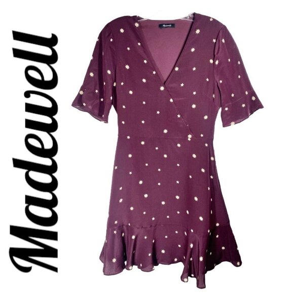 MADEWELL 100% Silk Burgundy Star Print Flutter Hem Faux Wrap Mini Dress, Small - Picture 13 of 13